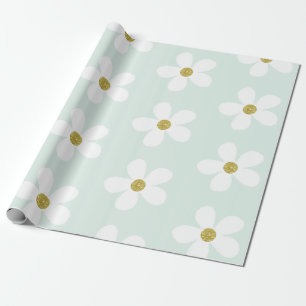 Light Green White Simple Daisy Gold Cadeaupapier