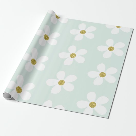 Light Green White Simple Daisy Gold Cadeaupapier (Uitgerold)