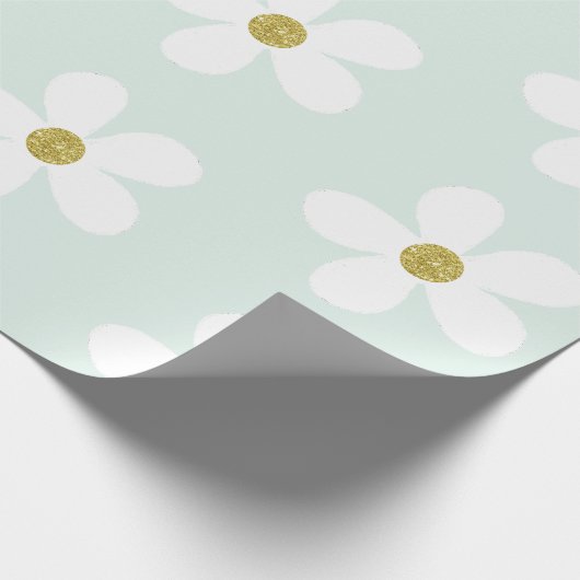 Light Green White Simple Daisy Gold Cadeaupapier (Hoek)