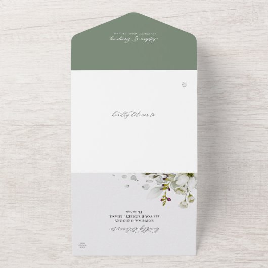 Light Greenery | Floral White Calligraphic Wedding All In One Uitnodiging (Buitenkant)