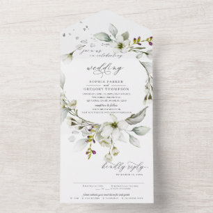 Light Greenery   Floral White Calligraphic Wedding All In One Uitnodiging