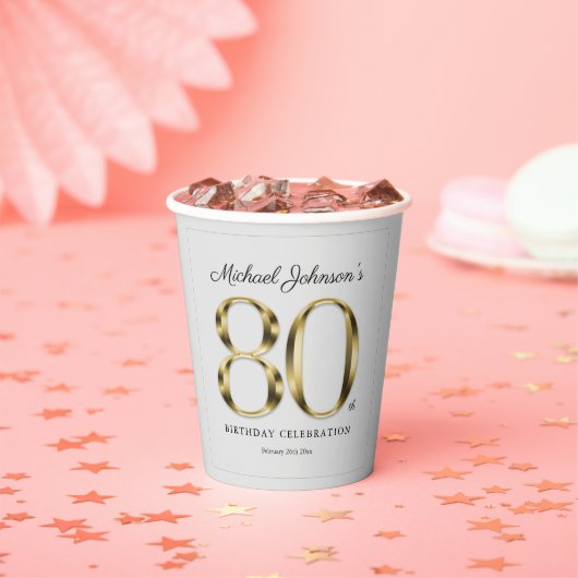 Light Grey 80th Birthday Gold Typography Classic Papieren Bekers (Insitu)