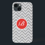Light Grey Chevron Pattern Linen Texture Monogram Case-Mate iPhone Case<br><div class="desc">Elegant licht grijs en wit retro chevron geometrisch naadloos patroon met linnen textuur en aanpasbaar en optioneel monogram. Aanraakvlak met oranje-rood.</div>