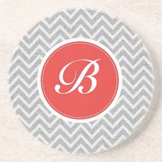 Light Grey Chevron Pattern Linen Texture Monogram Zandsteen Onderzetter (Voorkant)