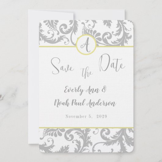 Light Grey Damask Bight Yellow Weduwuitnodiging Kaart (Voorkant)