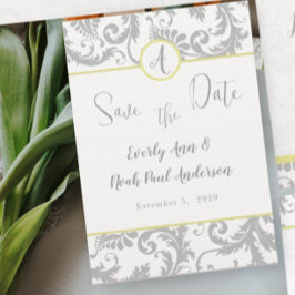 Light Grey Damask Bight Yellow Weduwuitnodiging Kaart