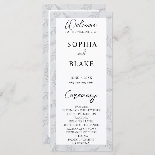 Light Grey Leaves en Foliage Wedding Programme (Voorkant / Achterkant)