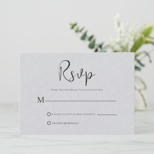 Light Grey Linen Simple Black Script RSVP-kaart Kaart (Staand voorkant)