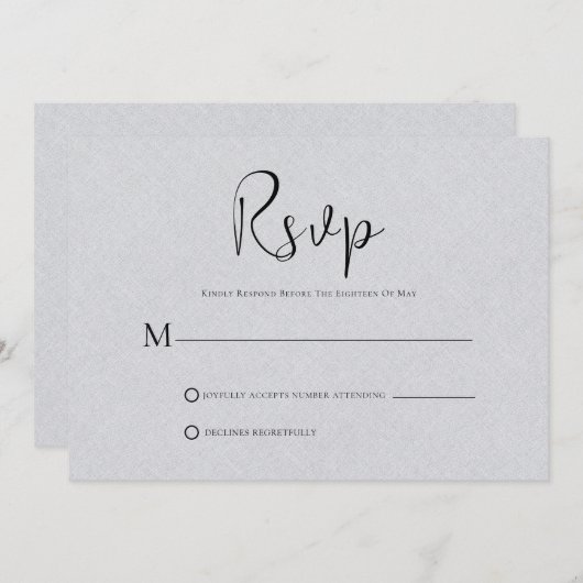 Light Grey Linen Simple Black Script RSVP-kaart Kaart (Voorkant / Achterkant)
