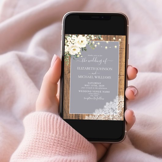 Light Grey Rustic Wood Script Lace Photo Weddensch Kaart