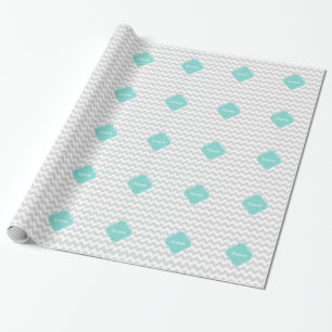 Light Grey White Chevron Aqua Quatrefoil Monogram Cadeaupapier