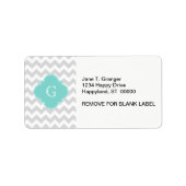 Light Grey White Chevron Aqua Quatrefoil Monogram Etiket (Voorkant)