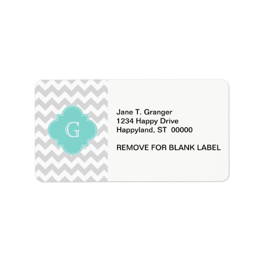 Light Grey White Chevron Aqua Quatrefoil Monogram Etiket (Voorkant)