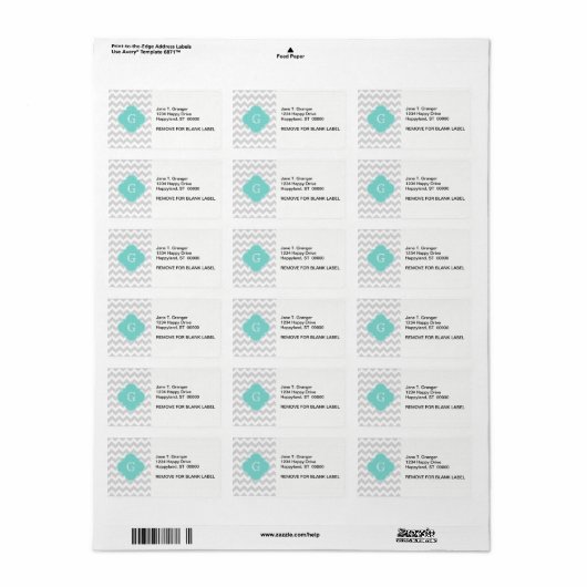 Light Grey White Chevron Aqua Quatrefoil Monogram Etiket (Full Sheet)