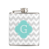 Light Grey White Chevron Aqua Quatrefoil Monogram Heupfles (Voorkant)