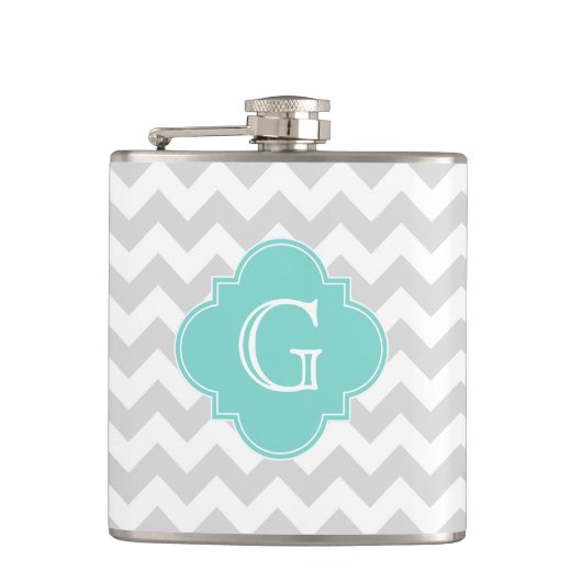 Light Grey White Chevron Aqua Quatrefoil Monogram Heupfles (Voorkant)