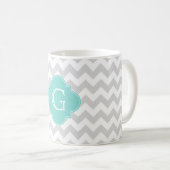 Light Grey White Chevron Aqua Quatrefoil Monogram Koffiemok (Voorkant rechts)