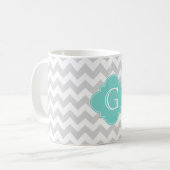 Light Grey White Chevron Aqua Quatrefoil Monogram Koffiemok (Voorkant links)