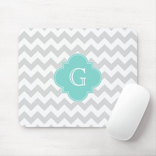 Light Grey White Chevron Aqua Quatrefoil Monogram Muismat (Met muis)