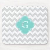 Light Grey White Chevron Aqua Quatrefoil Monogram Muismat (Voorkant)