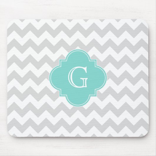 Light Grey White Chevron Aqua Quatrefoil Monogram Muismat (Voorkant)