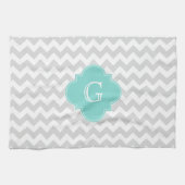 Light Grey White Chevron Aqua Quatrefoil Monogram Theedoek (Horizontaal)