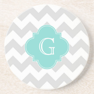 Light Grey White Chevron Aqua Quatrefoil Monogram Zandsteen Onderzetter