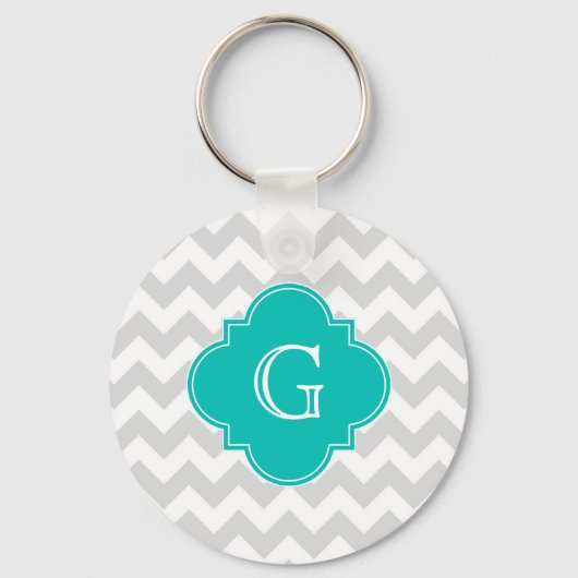 Light Grey White Chevron Blauwgroen Quatrefoil Mon Sleutelhanger (Voorkant)
