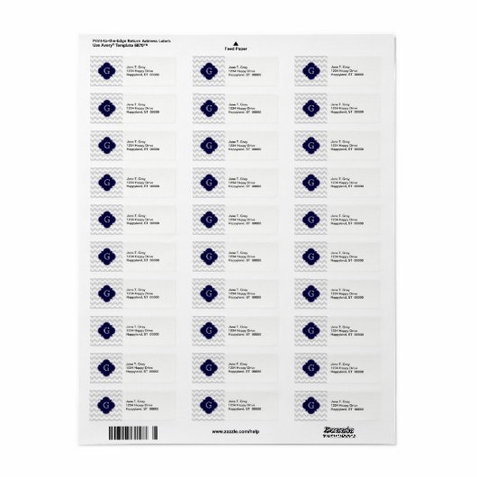 Light Grey White Chevron Navy Quatrefoil Monogram Etiket (Full Sheet)