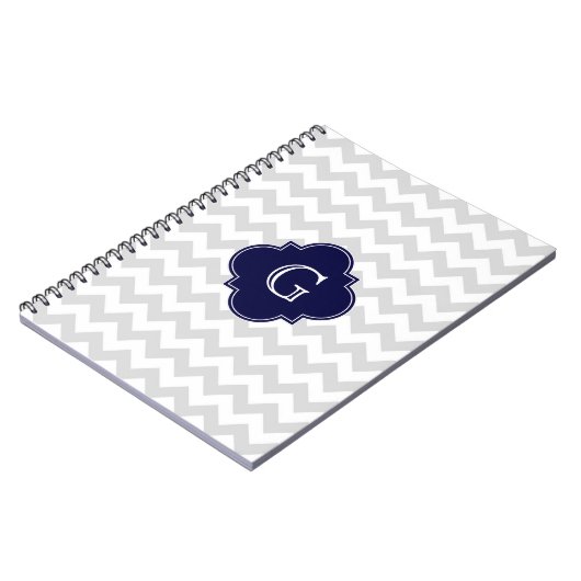 Light Grey White Chevron Navy Quatrefoil Monogram Notitieboek (Linkerzijde)
