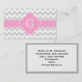 Light Grey White Chevron Pink Quatrefoil Monogram Visitekaartje (Voorkant / Achterkant)