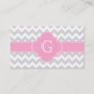 Light Grey White Chevron Pink Quatrefoil Monogram Visitekaartje