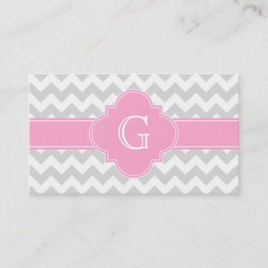 Light Grey White Chevron Pink Quatrefoil Monogram Visitekaartje (Voorkant)