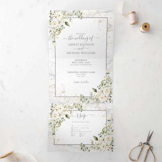 Light Grey White Floral Gold Marble Photo Wedding Drieluik Uitnodiging (Binnen)