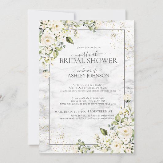 Light Grey White Floral Gold Marble Virtual Shower Kaart (Voorkant)