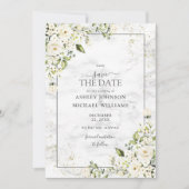Light Grey White Floral Gold Photo Save the Date (Voorkant)