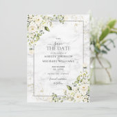 Light Grey White Floral Gold Photo Save the Date (Staand voorkant)