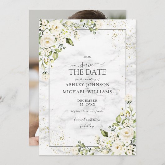 Light Grey White Floral Gold Photo Save the Date (Voorkant / Achterkant)