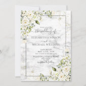 Light Grey White Floral Gold Script Photo Weddensc Kaart (Voorkant)