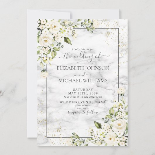Light Grey White Floral Gold Script Photo Weddensc Kaart (Voorkant)
