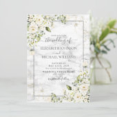 Light Grey White Floral Gold Script Photo Weddensc Kaart (Staand voorkant)
