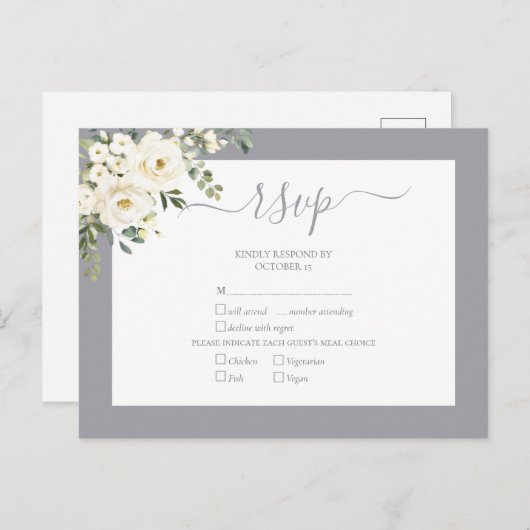 Light Grey White Floral Script Weddenschap RSVP Uitnodiging Briefkaart (Voorkant / Achterkant)