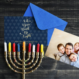 Light Heart Menorah Persoonlijke Hanukkah Foto Folie Feestdagenkaart