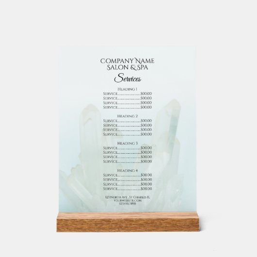 Light Ice Blue Crystals Salon Spa Services Menu Acryl Bord (Voorkant)
