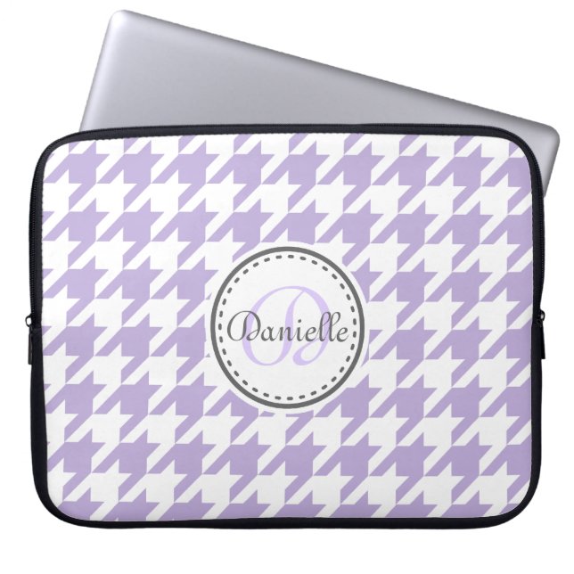 Light Lavender Gray Houndstooth Monogram Patroon Laptop Sleeve (Voorkant)