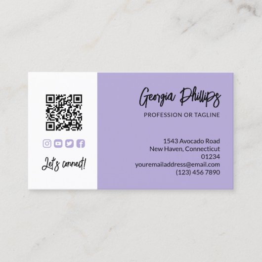 Light Lavender QR Code Photo Social Media Icons Visitekaartje (Voorkant)