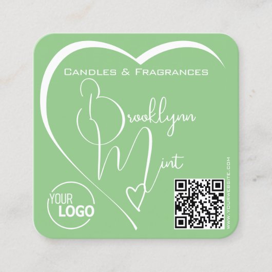 Light Mint Green Calligraphy Hart Logo QR Code Vierkante Visitekaartje (Voorkant)