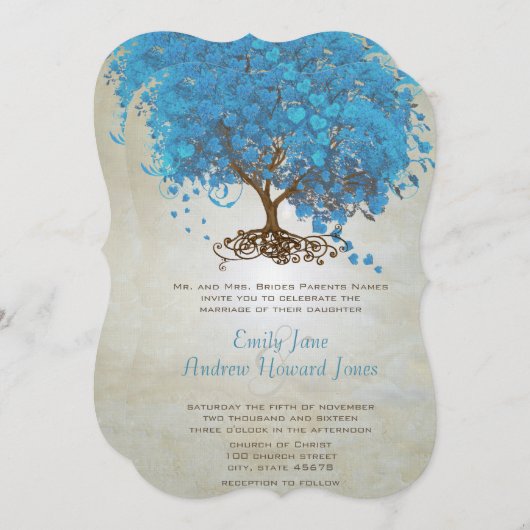Light Ocean Blue Heart Leaf Tree Wedding Invitae Kaart (Voorkant / Achterkant)