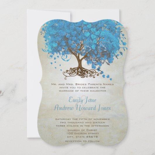 Light Ocean Blue Heart Leaf Tree Wedding Invitae Kaart (Voorkant)
