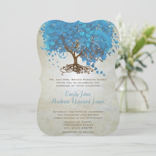 Light Ocean Blue Heart Leaf Tree Wedding Invitae Kaart (Staand voorkant)